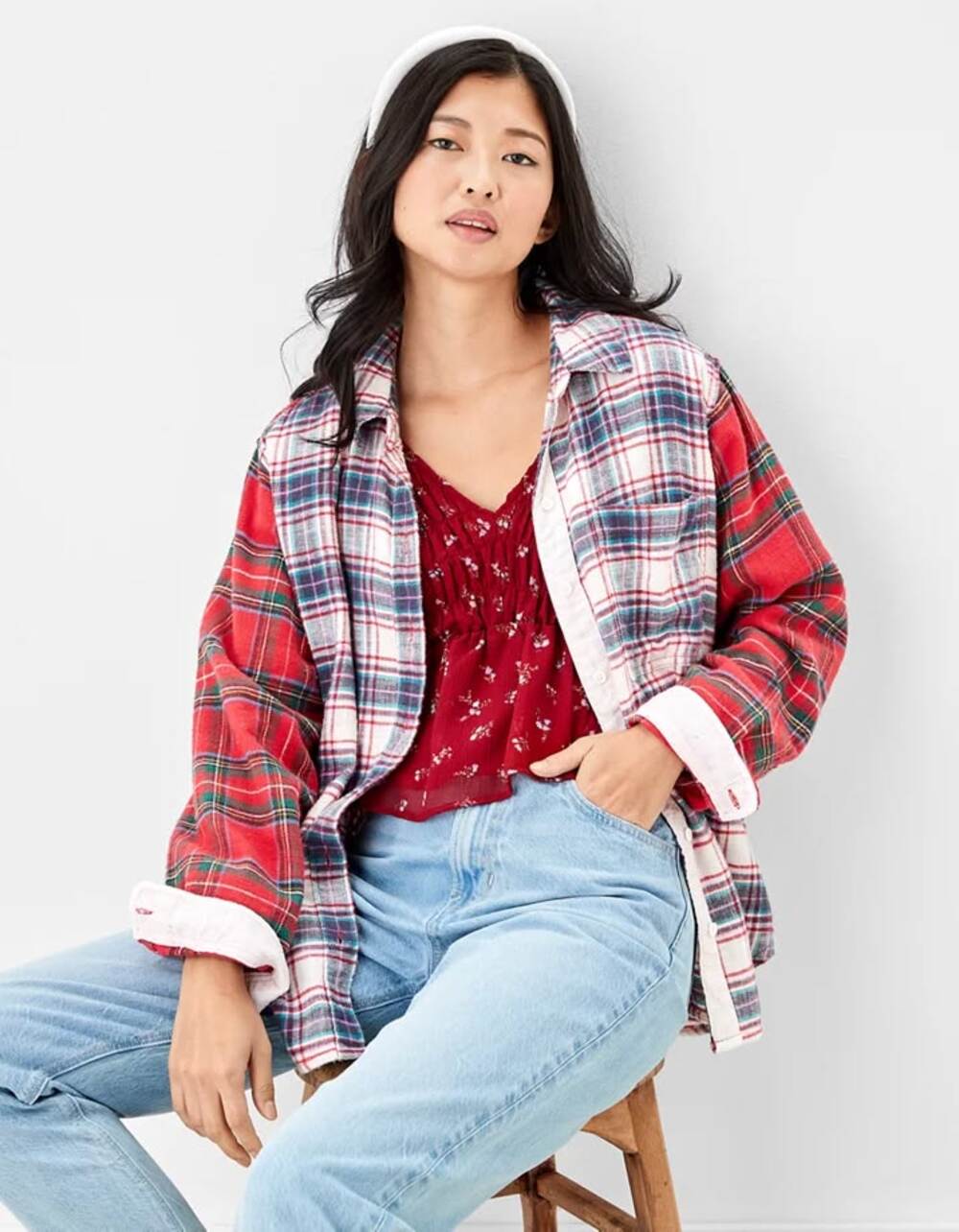 NWT American Eagle Oversized Mixed Plaid Pure Cotton Button-Up Collared Flannel